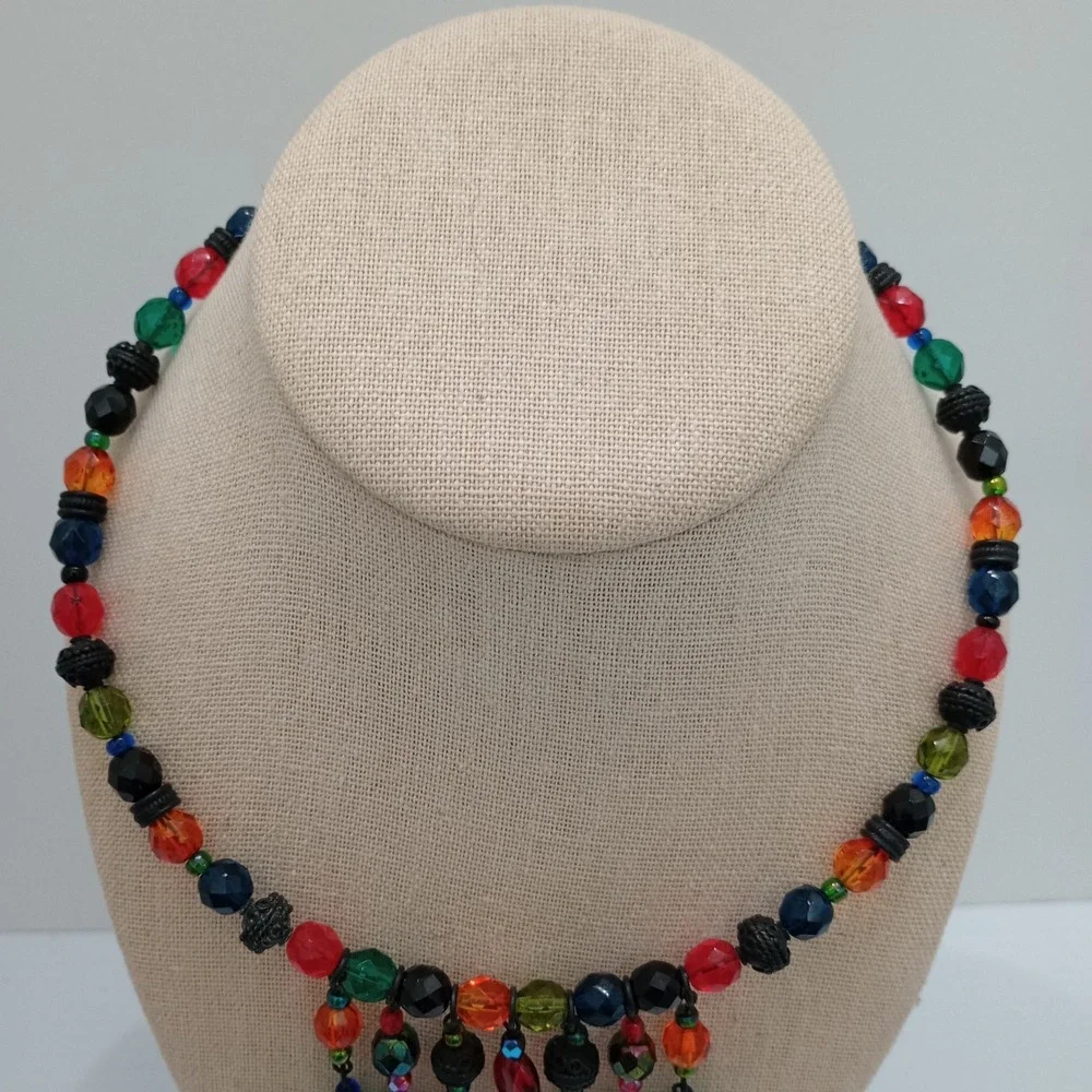 Chico's Colorful Beaded Fringe Necklace Boho Statement Bib